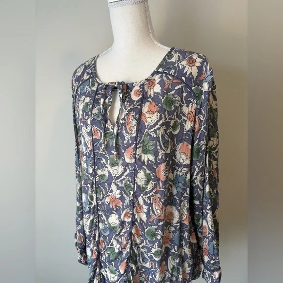 Lucky Brand Floral Peasant Blouse Tie Neck 2X - Picture 2 of 11